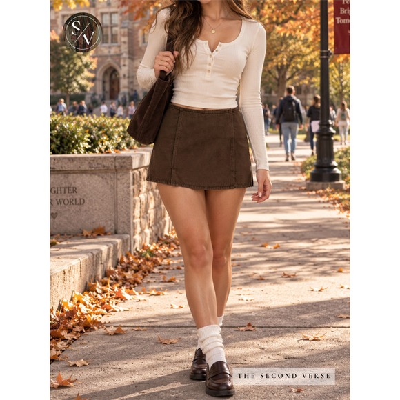 stradivarius Pants - Stradivarius Brown Denim Mini Skort Womens M Academia Minimalist Fall